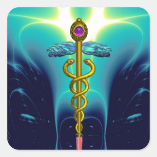GOLDEN CADUCEUS Medicinsk symbol Vibrant Teal Blue Fyrkantigt Klistermärke