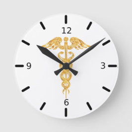 Golden Caduceus på White Round Clock Rund Klocka