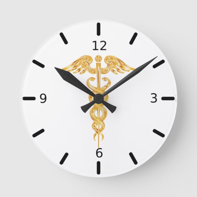 Golden Caduceus på White Round Clock Rund Klocka (Framsida)