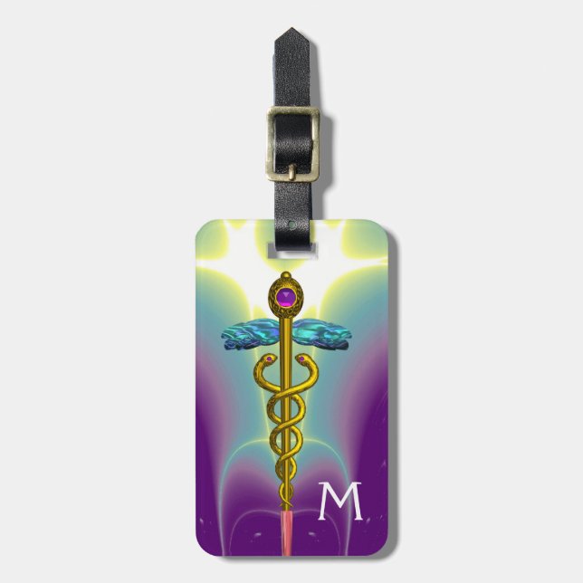 GOLDEN CADUCEUS SYMBOL MONOGRAM Lila Grönt Bagagebricka (Vertikal Framsida)