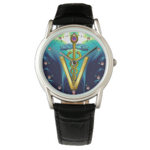 GOLDEN CADUCEUS VETERINÄR SYMBOL / Aqua Blue,Teal Armbandsur