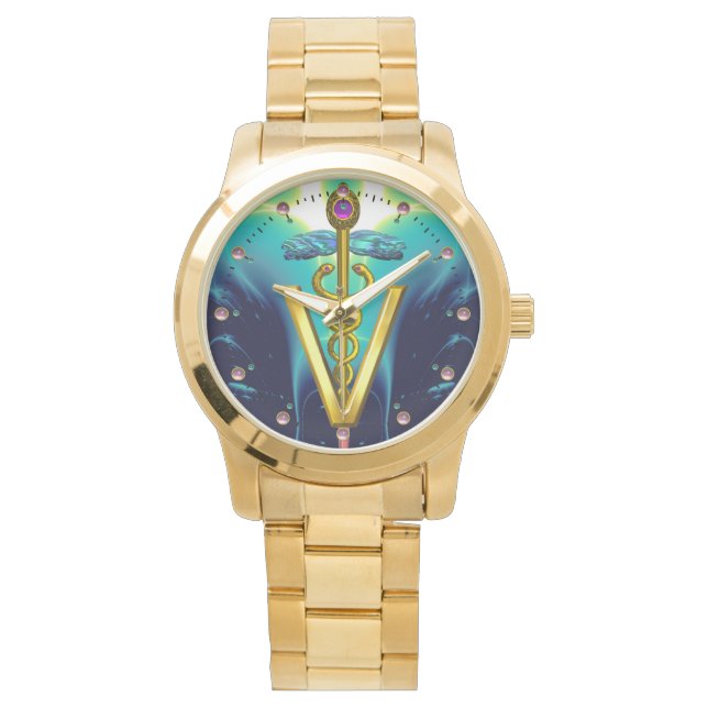GOLDEN CADUCEUS VETERINÄR SYMBOL / Aqua Blue,Teal Armbandsur (Framsida)