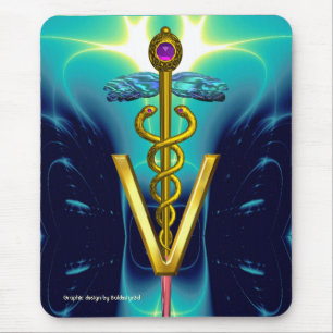 GOLDEN CADUCEUS VETERINÄR SYMBOL / Aqua Blue Teal Musmatta