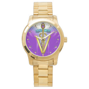 GOLDEN CADUCEUS VETERINÄR SYMBOL / Lila Armbandsur