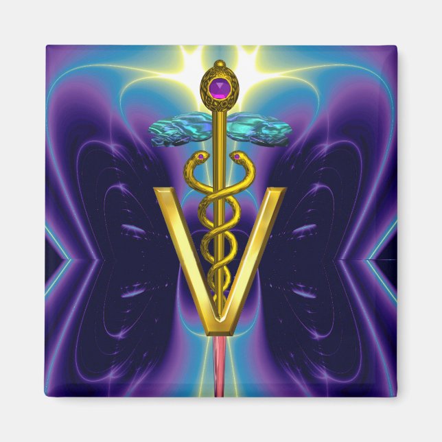 GOLDEN CADUCEUS VETERINÄR SYMBOL / Lila Blue Magnet (Framsidan)