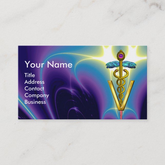GOLDEN CADUCEUS VETERINÄR SYMBOL /Lila Blue Visitkort (Framsida)