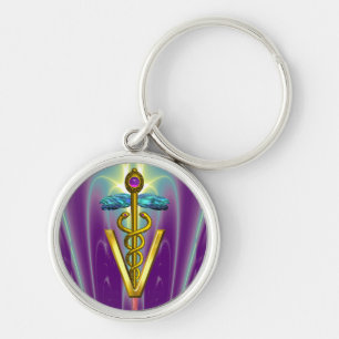 GOLDEN CADUCEUS VETERINÄR SYMBOL Lila Grönt Rund Silverfärgad Nyckelring