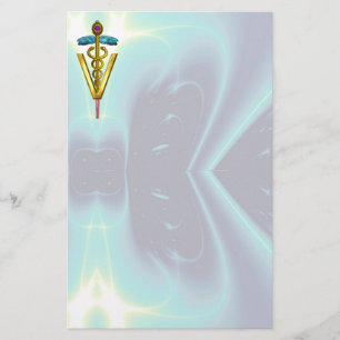 GOLDEN CADUCEUS VETERINÄR SYMBOL / Teal Blue Brevpapper