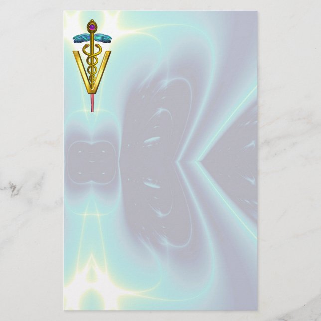 GOLDEN CADUCEUS VETERINÄR SYMBOL / Teal Blue Brevpapper (Framsida)