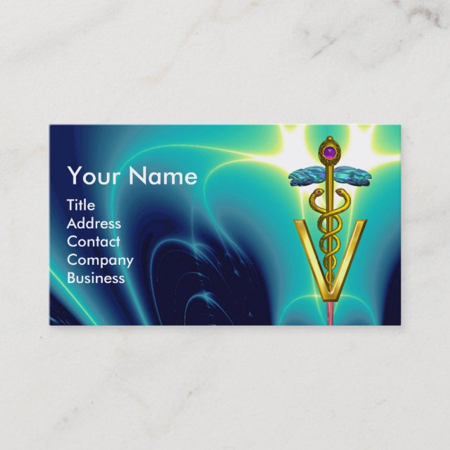 GOLDEN CADUCEUS VETERINÄR SYMBOL /Teal Blue Visitkort (Framsida)