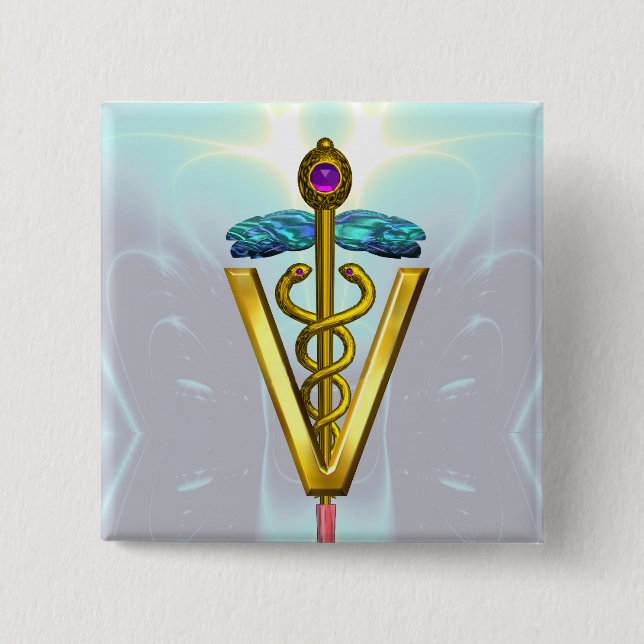 GOLDEN CADUCEUS VETERINÄR SYMBOL / Teal White Knapp (Framsida)