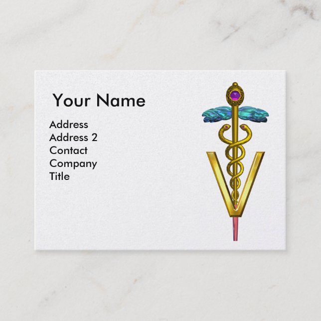 GOLDEN CADUCEUS VETERINÄR SYMBOL / Vit Fuchsia Visitkort (Framsida)
