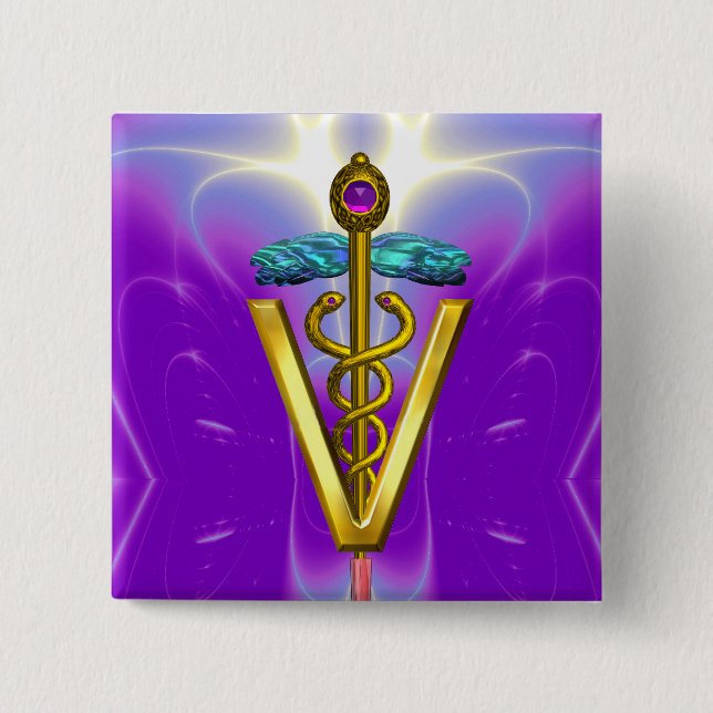 GOLDEN CADUCEUS VETERINÄRSYMBOL / Lila Fuchsia Knapp (Framsida)