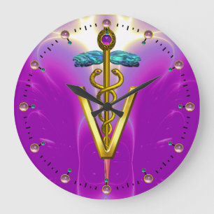 GOLDEN CADUCEUS VETERINÄRSYMBOL / Rosa Fuchsia Stor Klocka