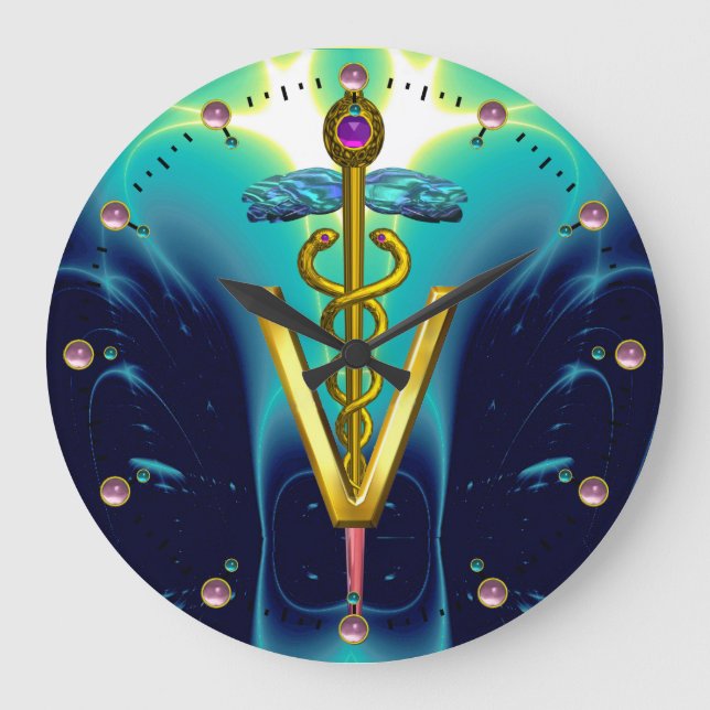 GOLDEN CADUCEUS VETERINÄRSYMBOL / Teal Blue Stor Klocka (Framsida)