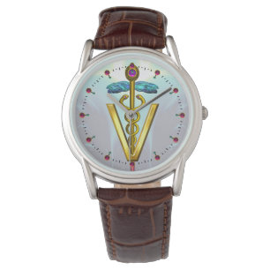 GOLDEN CADUCEUS VETERINARY SYMBOL / Aqua Blue Armbandsur