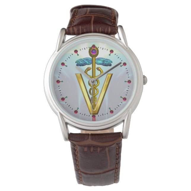 GOLDEN CADUCEUS VETERINARY SYMBOL / Aqua Blue Armbandsur (Framsida)