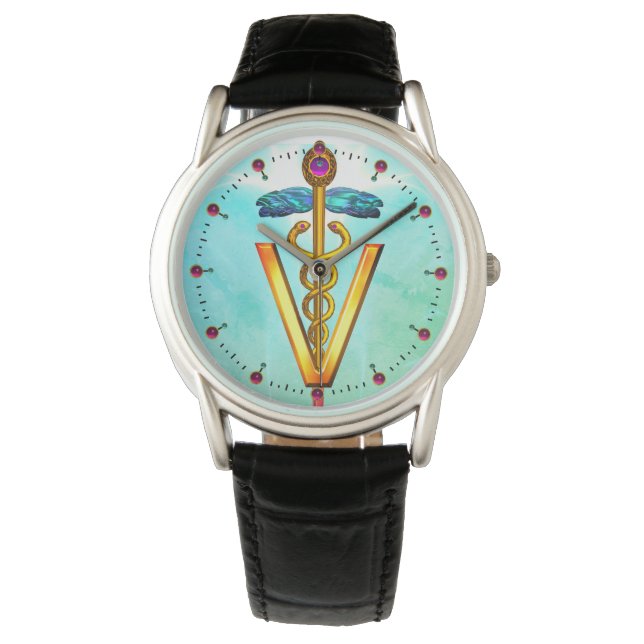 GOLDEN CADUCEUS VETERINARY SYMBOL Aqua Blue Grönt Armbandsur (Framsida)