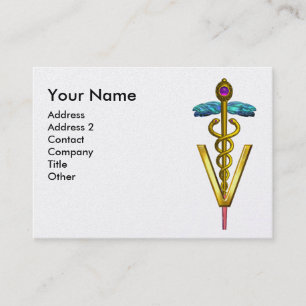 GOLDEN CADUCEUS VETERINARY SYMBOL Aqua Blue White Visitkort