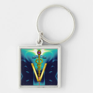 GOLDEN CADUCEUS VETERINARY SYMBOL Blue Turcos Fyrkantig Silverfärgad Nyckelring
