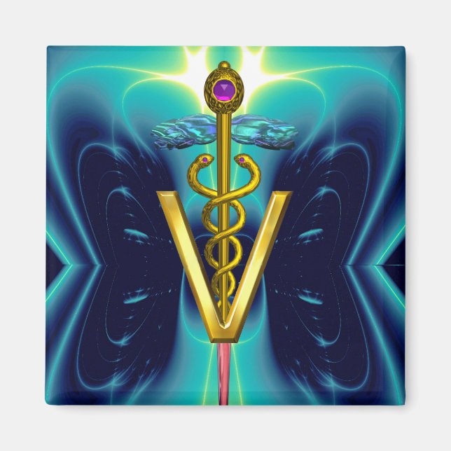 GOLDEN CADUCEUS VETERINARY SYMBOL Blue Turcos Magnet (Framsidan)