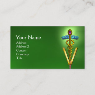 GOLDEN CADUCEUS VETERINARY SYMBOL / Emerald Grönt Visitkort