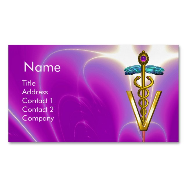GOLDEN CADUCEUS VETERINARY SYMBOL / Fuchsia Lila Visitkortmagnet (Framsida)