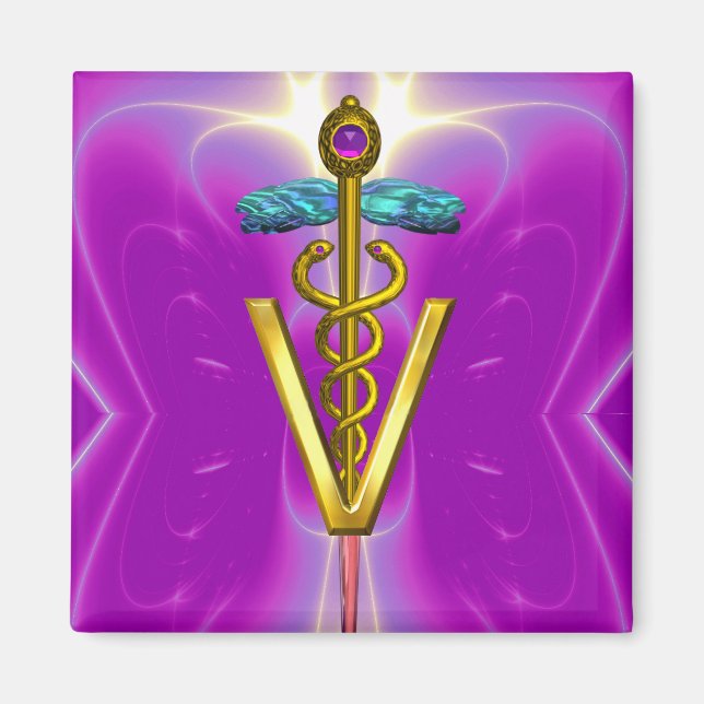 GOLDEN CADUCEUS VETERINARY SYMBOL Fuchsia Rosa Magnet (Framsidan)