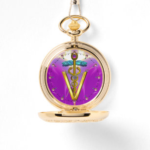 GOLDEN CADUCEUS VETERINARY SYMBOL / Lila Fuchsia Armbandsur