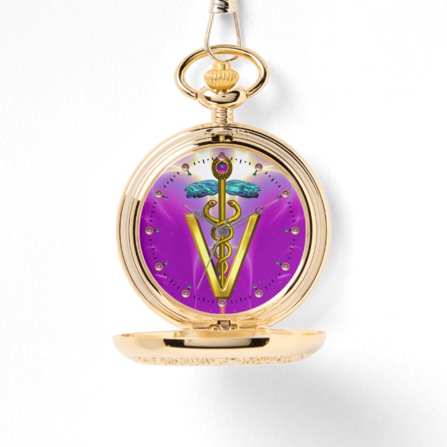 GOLDEN CADUCEUS VETERINARY SYMBOL / Lila Fuchsia Armbandsur (Framsida)