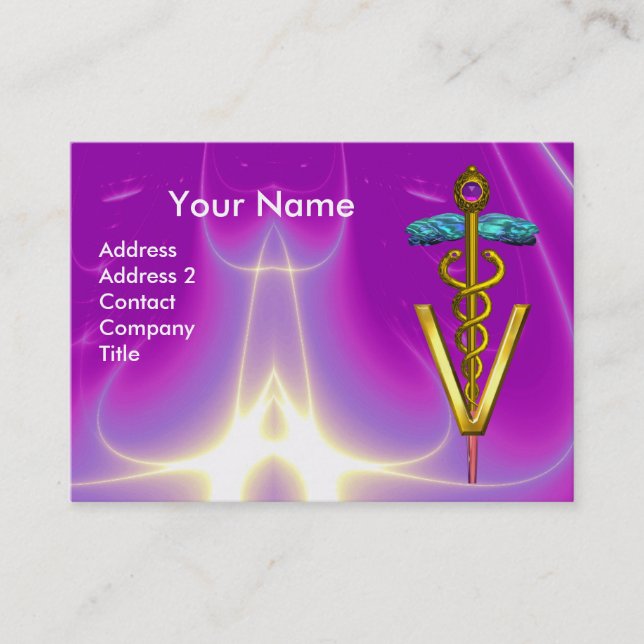 GOLDEN CADUCEUS VETERINARY SYMBOL / Lila Fuchsia Visitkort (Framsida)