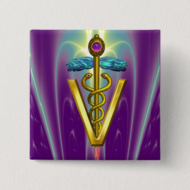 GOLDEN CADUCEUS VETERINARY SYMBOL / Lila Grönt Knapp (Framsida)