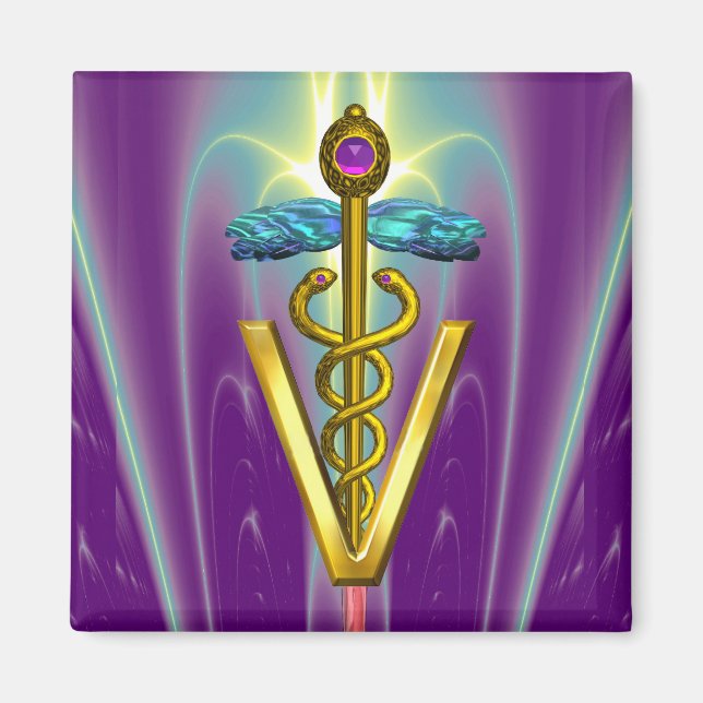 GOLDEN CADUCEUS VETERINARY SYMBOL / Lila Grönt Magnet (Framsidan)