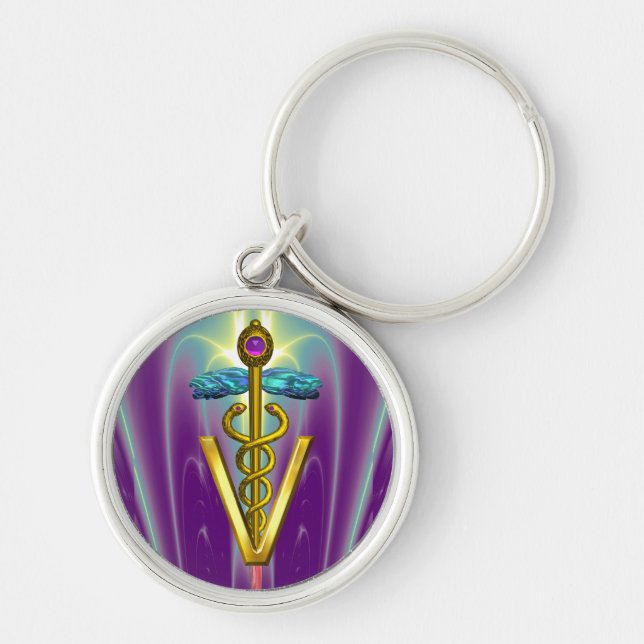 GOLDEN CADUCEUS VETERINARY SYMBOL Lila Grönt Rund Silverfärgad Nyckelring (Framsidan)