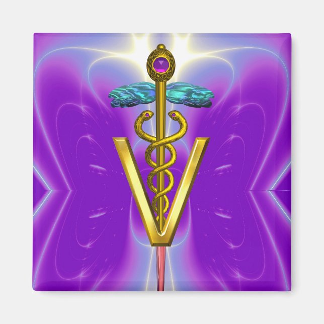 GOLDEN CADUCEUS VETERINARY SYMBOL Lila Teal Blue Magnet (Framsidan)