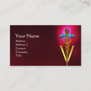 GOLDEN CADUCEUS VETERINARY SYMBOL / Red Burgundy Visitkort