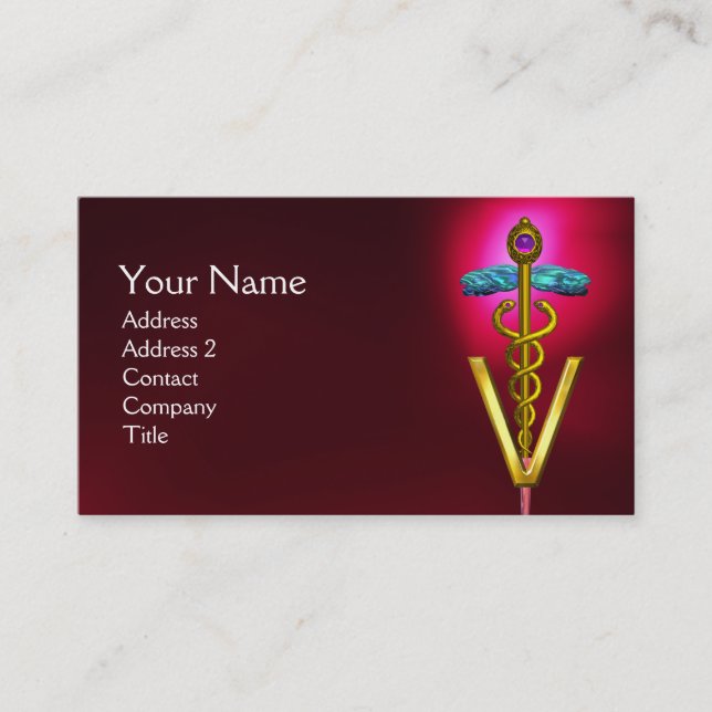 GOLDEN CADUCEUS VETERINARY SYMBOL / Red Burgundy Visitkort (Framsida)
