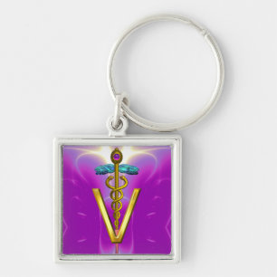 GOLDEN CADUCEUS VETERINARY SYMBOL Rosa Fuchsia Fyrkantig Silverfärgad Nyckelring
