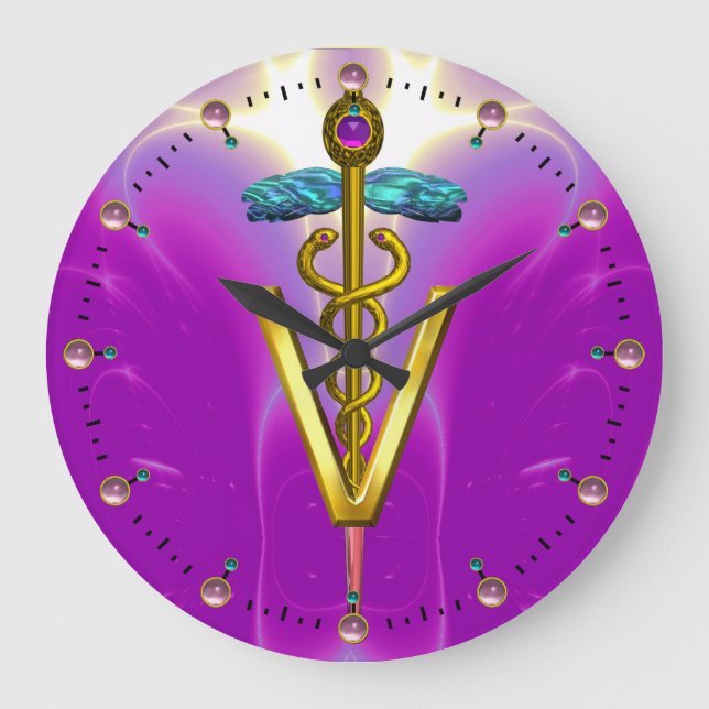 GOLDEN CADUCEUS VETERINARY SYMBOL / Rosa Fuchsia Stor Klocka (Framsida)