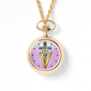 GOLDEN CADUCEUS VETERINARY SYMBOL / Rosa,Lilac Armbandsur