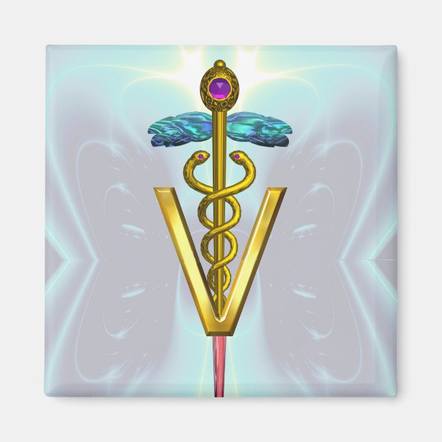 GOLDEN CADUCEUS VETERINARY SYMBOL Teal Blue Magnet (Framsidan)