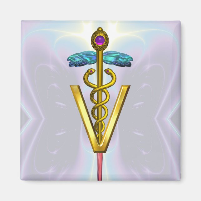 GOLDEN CADUCEUS VETERINARY SYMBOL Teal Blue Magnet (Framsidan)