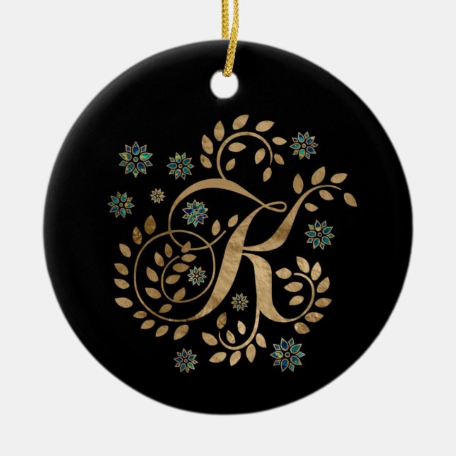 Golden Calligraphy Monogram med lyxfärg och brev K Julgransprydnad Keramik (Framsidan)
