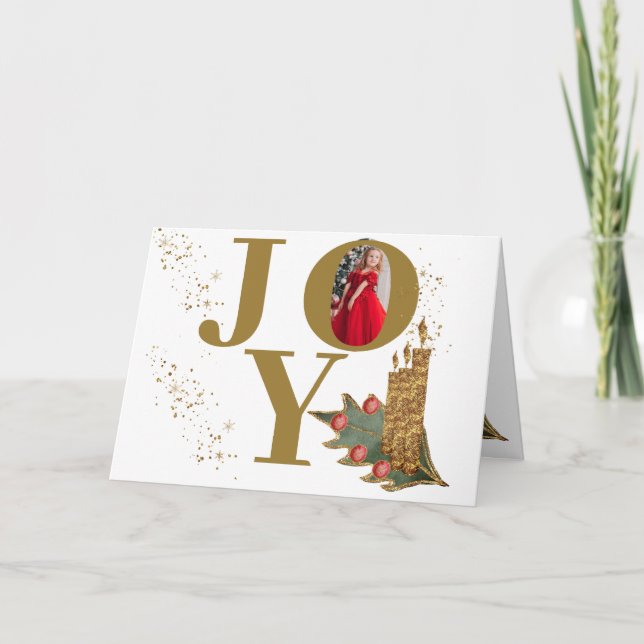 Golden Candles Holly Berries Joy Jul Photo Helgkort (Framsida)