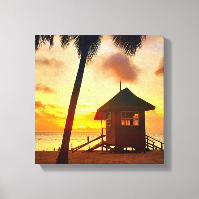 Golden Caribbean Sunset Beach Hut - Tropical Canva Canvastryck (Framsida)