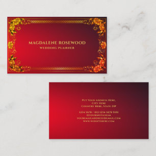 Golden Carved Regal Flowers Ram på Bright Red Visitkort