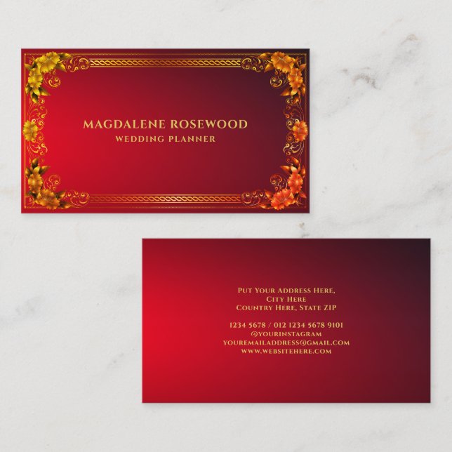 Golden Carved Regal Flowers Ram på Bright Red Visitkort (Fram/baksida)