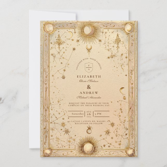 Golden Celestial Baroque Wedding Inbjudningar (Framsida)