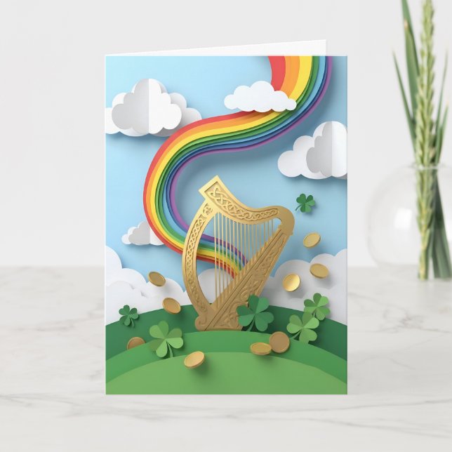 Golden Celtic Harp Rainbow Papercraft St Patricks Kort (Framsida)