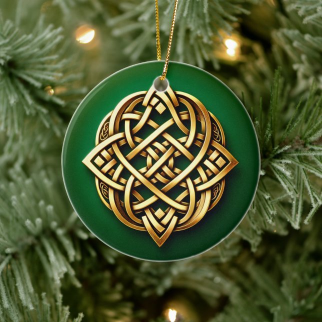 Golden Celtic Knot on Grönt Julgransprydnad Keramik (Träd)